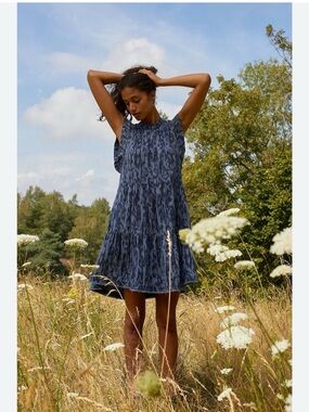 Anthropology Jenee Tiered Blue Printed Dress Size S